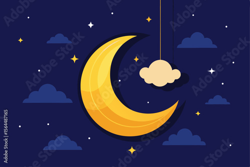 A golden crescent moon hangs in a night sky, adorned with small clouds and stars.