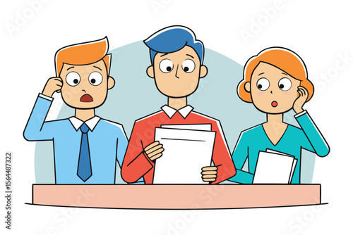Three cartoon business people looking confused and surprised while holding papers at a table