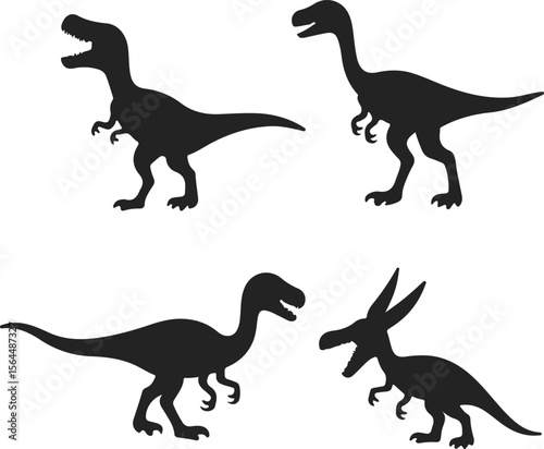 Four black dinosaur silhouettes on a white background 
