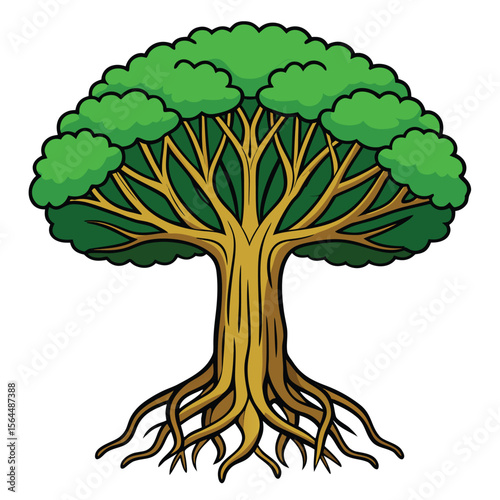 A detailed banyan tree vector icon, with distinctive aerial roots and sprawling canopy, representing wisdom and longevity in design.