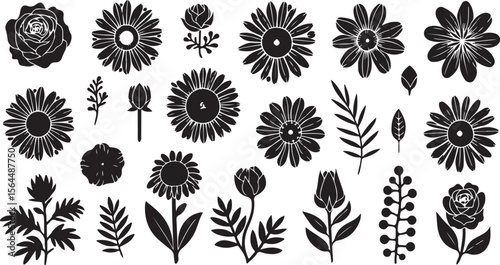 Monochrome Assorted Floral and Botanical Elements Set