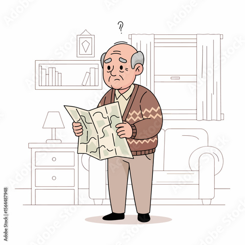 Cartoon illustration features an uncertain senior man with a map, in a living room setting. Useful for concepts like confusion, dementia and directions.