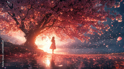 A girl standing alone under cherry blossoms at sunset with petals falling
