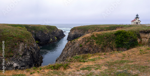 Panorama of the Point Cabrillo lighthouse on the Pacific coast near Mendocino, California, USA