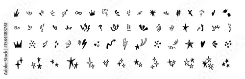 Set of cute line doodle hand drawn icons in manga Japanese style. Comic motion, movement, magic, twinkle effect. Naive childish playful whimsical crayon scribbles. Spark, confetti, stars, heart shapes