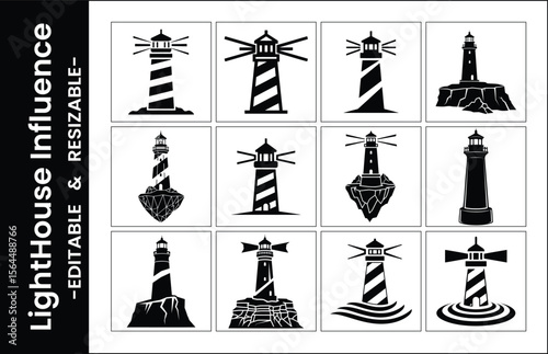 Collection Of Twelve Lighthouse Silhouette Vector Icons For Nautical And Maritime Design Projects