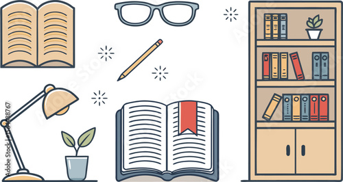 Flat Icon Set of Reading and Literature on White Background Includes Open Book, Reading Glasses, Bookmark, Bookshelf, Lamp, and Book Cover.