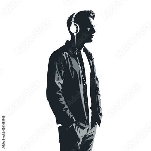 Silhouette of man in headphones listening to music isolated on transparent background