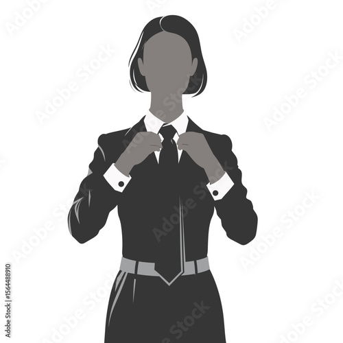 Silhouette of woman in business suit adjusting tie isolated on transparent background