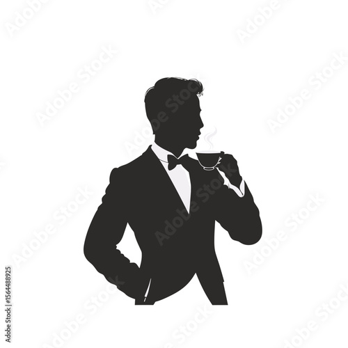 Silhouette of man in tuxedo drinking coffee isolated on transparent background