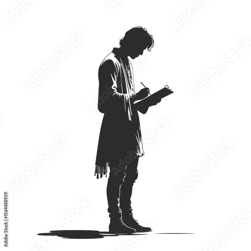 Silhouette of man writing in notebook isolated on transparent background