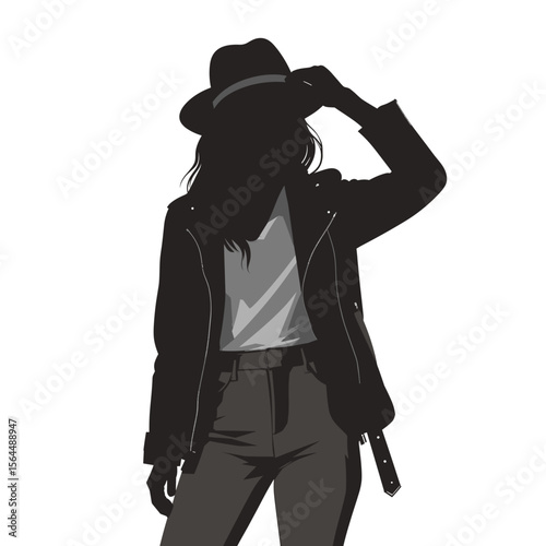 Silhouette of woman in hat and jacket isolated on transparent background