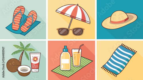 Flat Icon Set of Beach and Summer Leisure on White Background Includes Beach Umbrella, Flip Flops, Coconut Drink, Sunhat, Sunscreen, and Beach Towel.