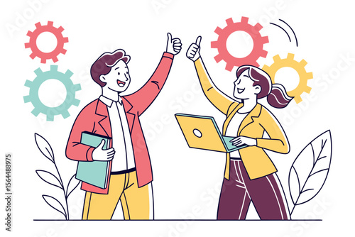 Two smiling business professionals giving a high five and thumbs up with gears symbolizing teamwork and success in a modern flat illustration style