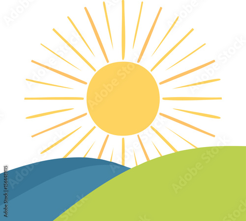 Vector Simplified Morning Scene with Circular Sun and Overlapping Hills in Flat Illustration Style