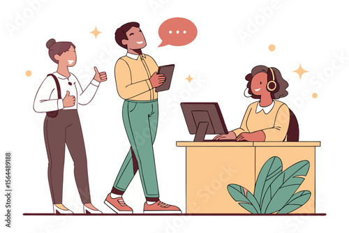 Diverse team collaborates successfully with a customer service representative highlighting positive communication and teamwork in a modern office setting