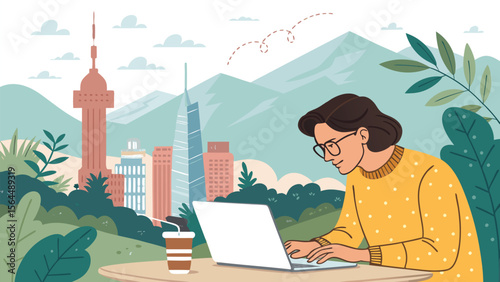 Illustration of Remote Work Outdoors Woman Using Laptop with Coffee Cup and Urban Nature Background, Ideas for Social Media and Digital Marketing.