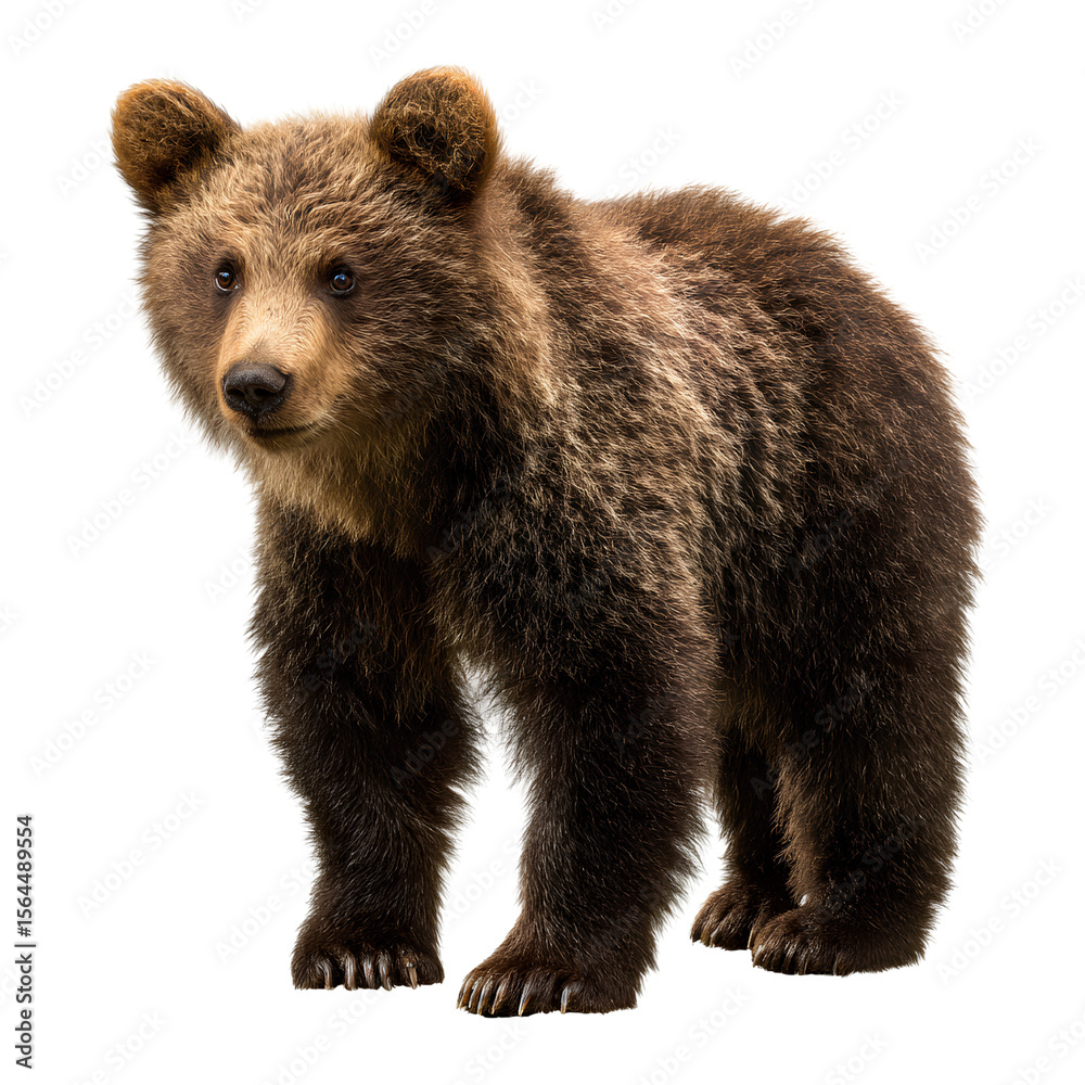 Fototapeta premium Cute brown bear cub standing on a transparent background,