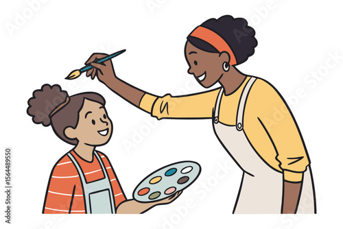 A smiling woman with an orange headband and apron gently paints a child s hair with a paintbrush holding a colorful palette
