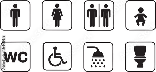 Washroom Signs Set – Restroom, Toilet, Gents, Ladies, Disabled & Baby Changing Icons – Printable Sticker – Transparent Vector Illustration