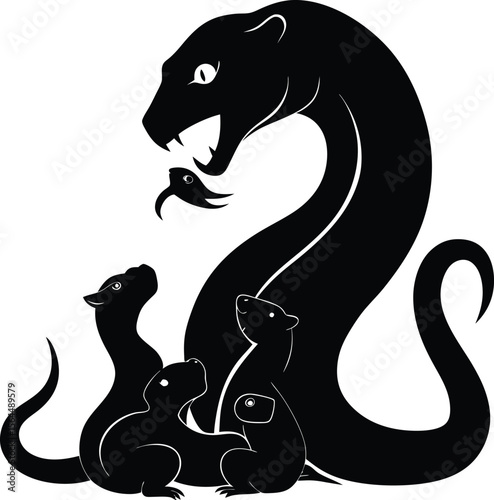 Black Silhouette Illustration of a Snake-Like Creature with Cubs, Fantasy Art, Animal Graphic