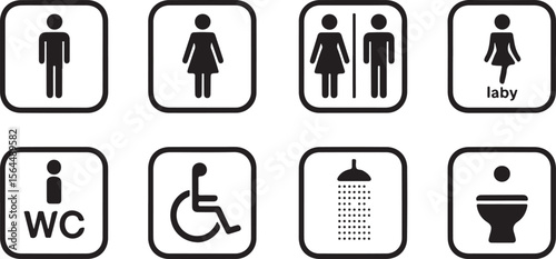 Washroom Signs Set – Restroom, Toilet, Gents, Ladies, Disabled & Baby Changing Icons – Printable Sticker – Transparent Vector Illustration