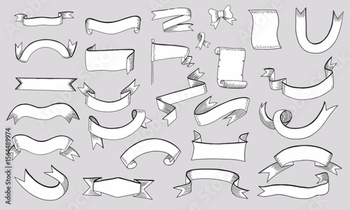 Set of ribbon text boxes in style of vintage and hand drawn. Flag shape labels. Vector and illustration.