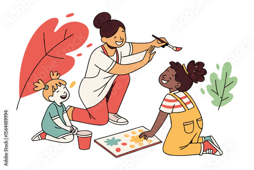 Joyful teacher guides young students in a colorful art class fostering creativity and learning through painting and drawing activities together