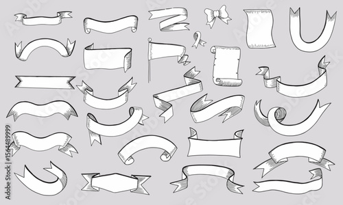 Set of ribbon text boxes in style of vintage and hand drawn. Flag shape labels. Vector and illustration.