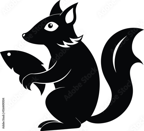 Black Squirrel Holding Fish Vector Illustration Wildlife Animal Art Print