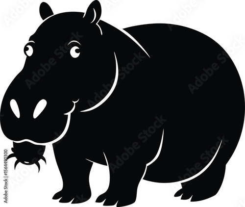 Cartoon Hippo Vector Illustration: Cute Black and White Hippopotamus Animal Graphic Design