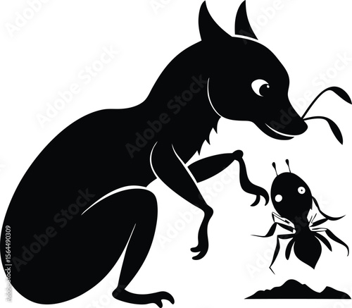 Cartoon Fox and Ant Silhouette Illustration: Animal Fable, Black and White Graphic Art