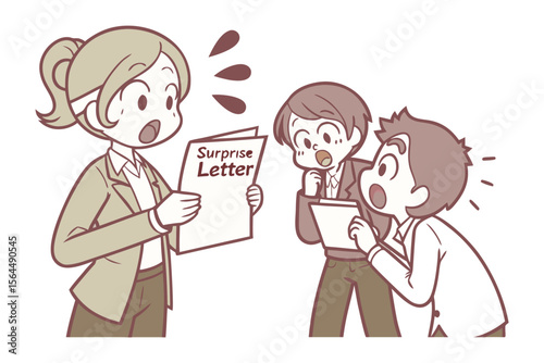 Astonished colleagues react to surprise letter content with wide eyes and open mouths in a business setting