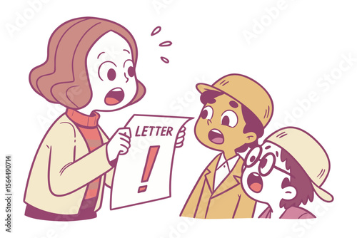 Surprised teacher shows exclamation mark letter to astonished students in a cartoon illustration
