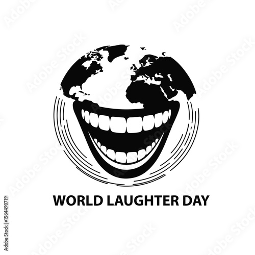 A vector art poster design featuring a striking silhouette of the world in the shape of a laughing face for "World Laughter Day". 