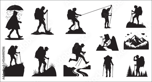Diverse Hikers in Silhouette on Various Terrain