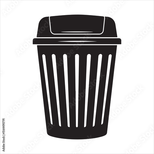 Black silhouette of a trash can with a lid isolated on white background Art & Illustration