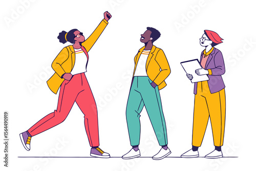 Diverse group of three professionals in colorful business casual attire celebrating success and collaboration in a modern office setting