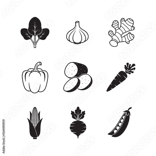 Collection of nine black vegetable silhouettes isolated on white background Art & Illustration