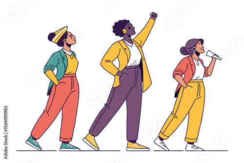 Diverse women in stylish attire marching forward with confidence one raising a fist in solidarity and another speaking into a microphone