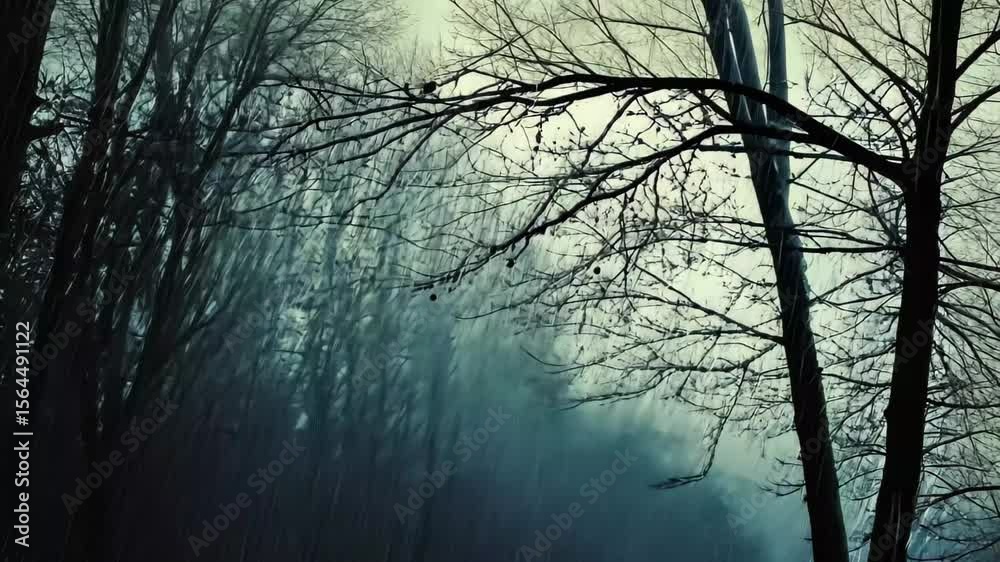 Dark woodland rain shower moving through the trees with atmospheric ambiance, Raining In Dark Woodland Moving Shot
