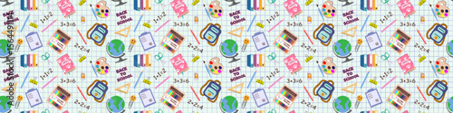 Seamless Back To School pattern with educational elements books, backpacks, stationery, globe, formulas on a grid, math background. Perfect for kids products, wrapping paper, school supplies.Vector.