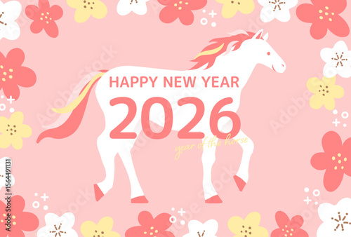 馬とゆるいタッチの花のかわいい年賀状_ピンク