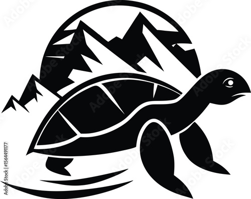 Turtle Mountain Logo: Black and White Vector Illustration of Turtle Climbing Mountains
