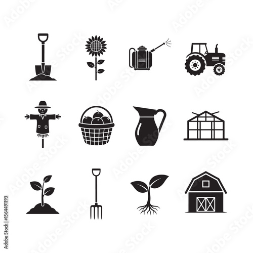 Collection of farming and gardening icons silhouette isolated on white background Art & Illustration