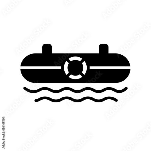 Inflatable rescue boat icon with waves — solid version