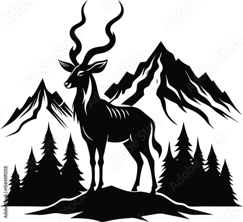 Black and White Kudu Silhouette: Mountain Landscape, Wildlife Art, Antelope Illustration