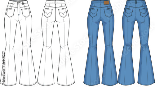 Vintage-Inspired Flared Jeans: Detailed Sketches and Color Variations for Fashion Design