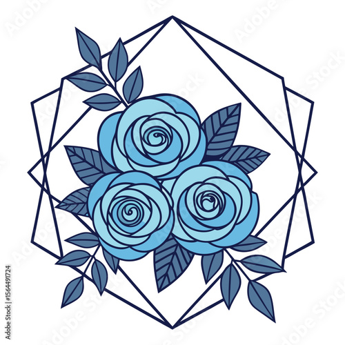 Blue roses geometric floral design leaves botanical