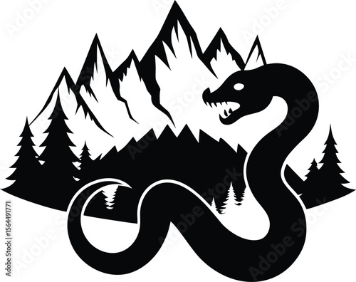 Black Silhouette Mountain Serpent Logo Design Vector Illustration